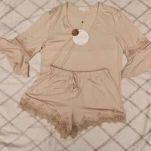 Le Rose 2PC Pajama Set XS/Small Light Dusty Rose‎ Lace Trim Bridal Sleepwear NWT